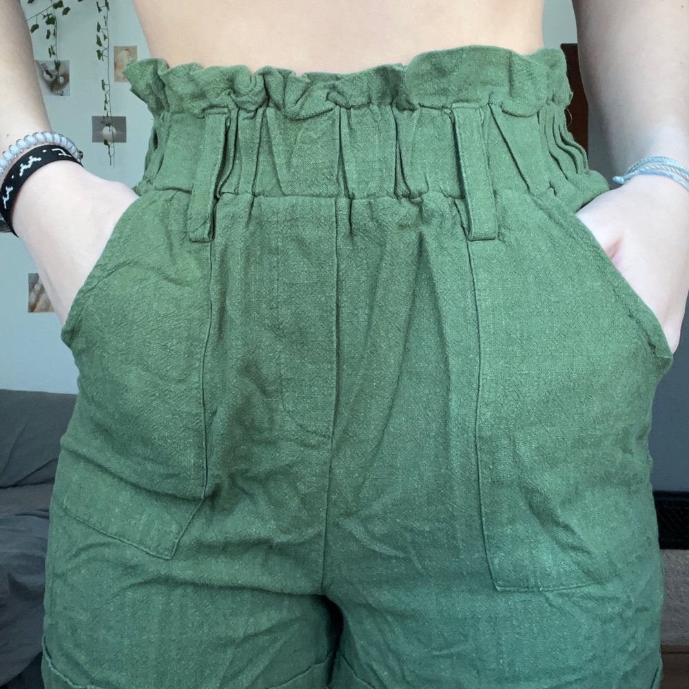green high waisted paper bag shorts